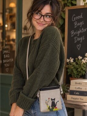 Espe Artisan Crossbody Bag Cat Vegan w/ Playful Black Cat Applique